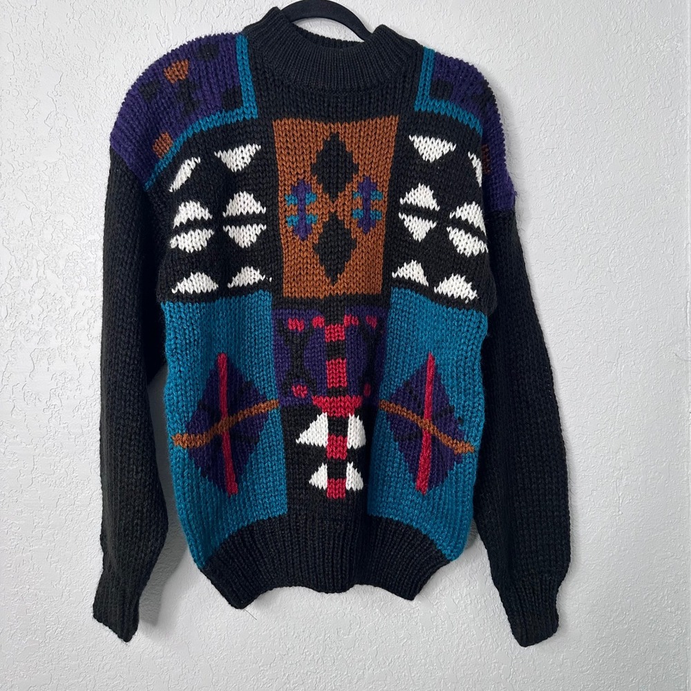 Vintage Forum‎ Geometric Colorblock Chunky Knit Sweater Mens Medium Black Teal